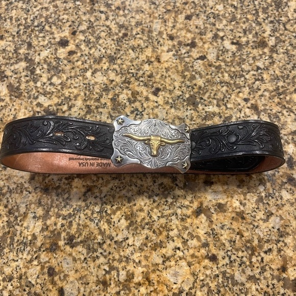 Tony Llama Vintage Children’s Black Tooled Western Belt Silvertone Steer Buckle - Picture 1 of 8